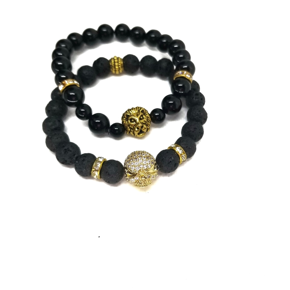 Lion &SKULL Head  Black Lava Beads Unisex Gemstone